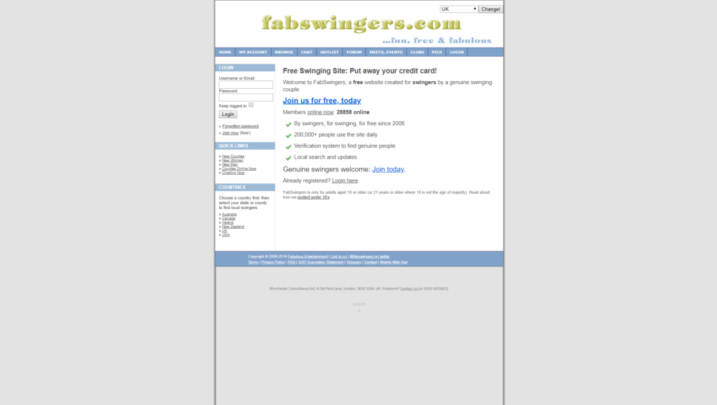 Homepage of FabSwingers dating 