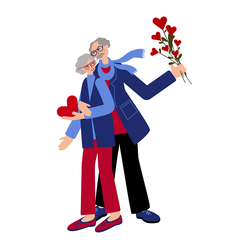 eine Vektorgrafik von einem älteren Paar, das Blumen hält