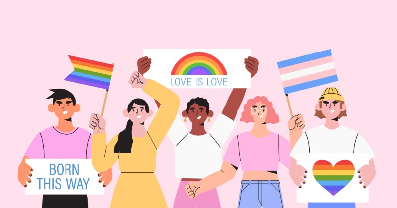 Illustration einer vielfältigen Gruppe von Menschen, die für die Akzeptanz von Queer protestieren
