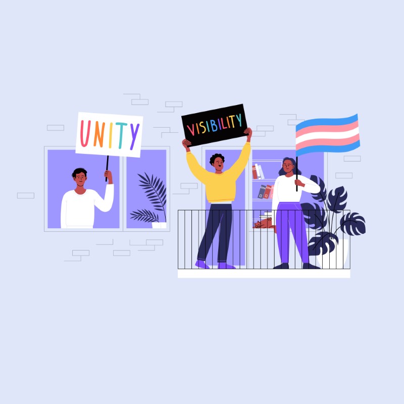 Grafik von drei farbigen queeren Menschen mit Protestschildern