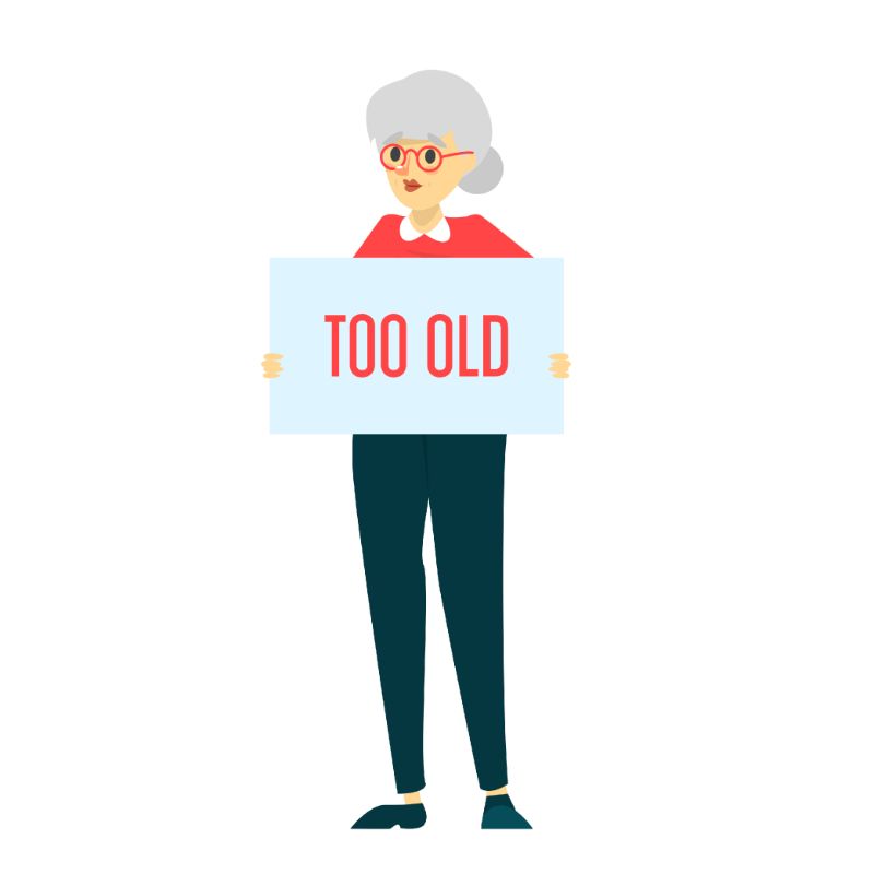 Vektorgrafik einer älteren Frau, die ein Schild mit der Aufschrift "zu alt" hält