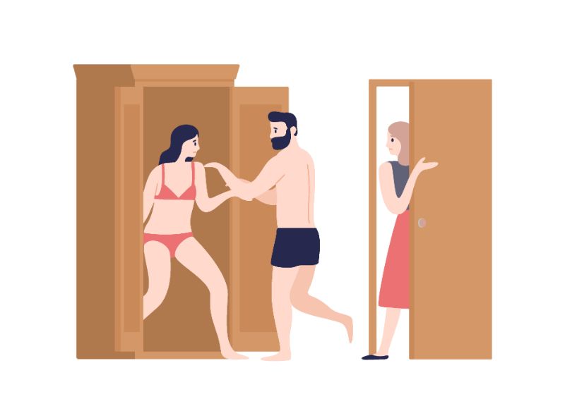 Vektorgrafik eines Mannes, der eine Frau in Unterwäsche im Schrank versteckt, während eine andere Frau den Raum betritt
