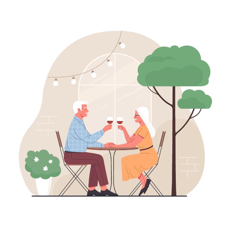 Vektorgrafik eines weißhaarigen Mannes und einer Frau, die in einem Restaurant Wein trinken
