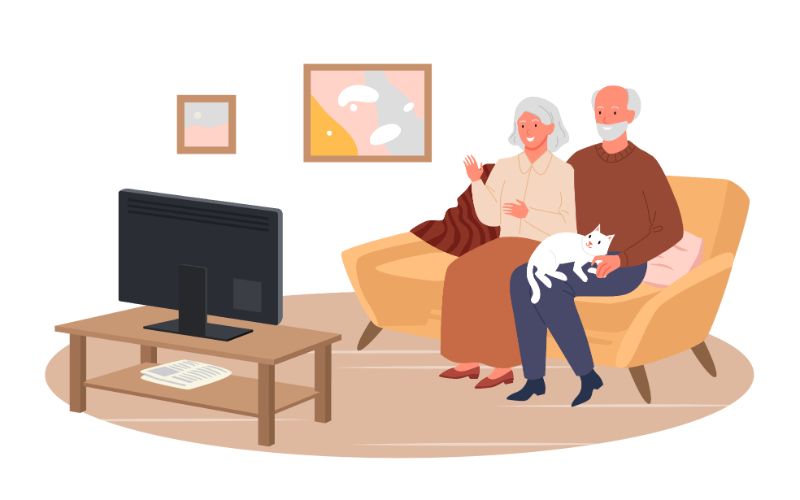 Vektorgrafik von zwei Senioren, die auf einer Couch sitzen und zusammen fernsehen