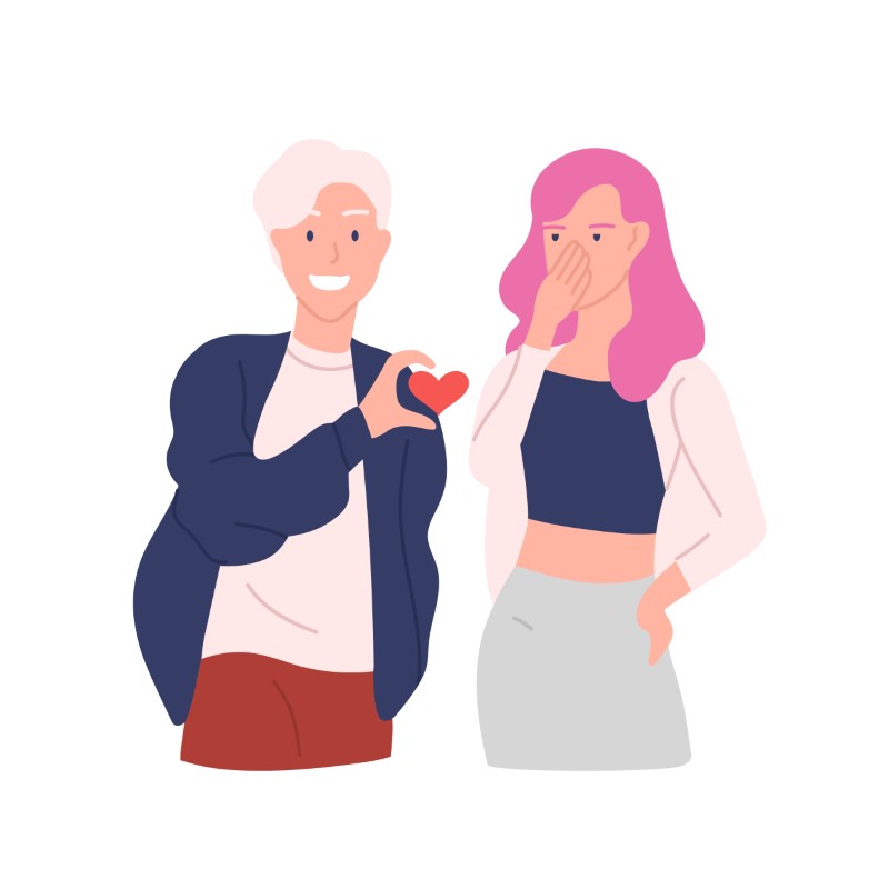 Illustration einer Frau mit rosa Haaren, die sich nicht darüber freut, dass ein Mann ihr ein Herz schenkt