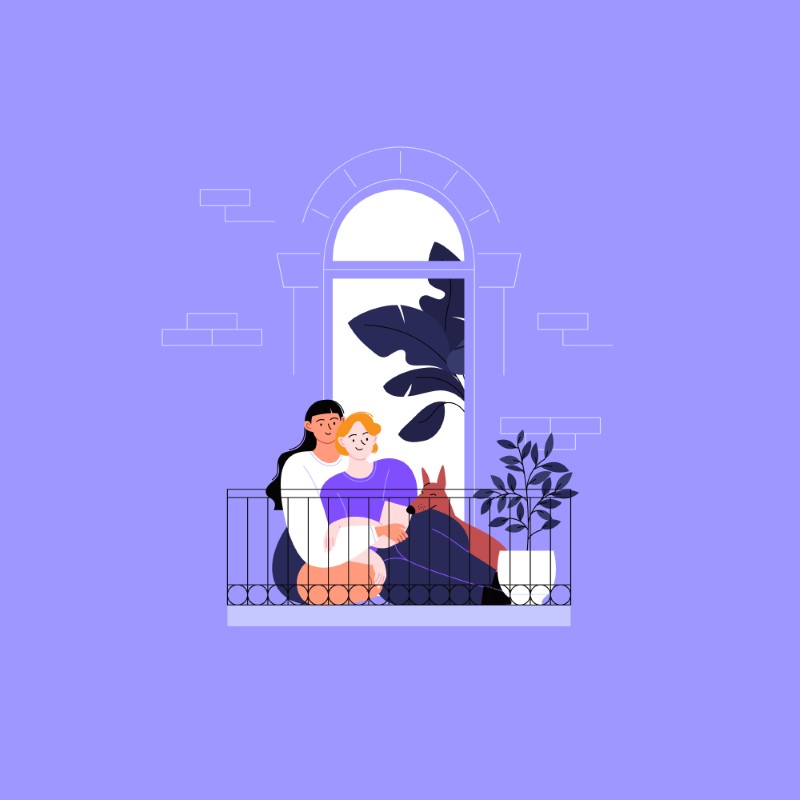 Illustration eines queeren Paares mit einem Hund, das auf einem Balkon sitzt