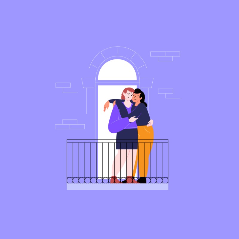 Vektorgrafik von zwei Frauen auf dem Balkon, die sich umarmen