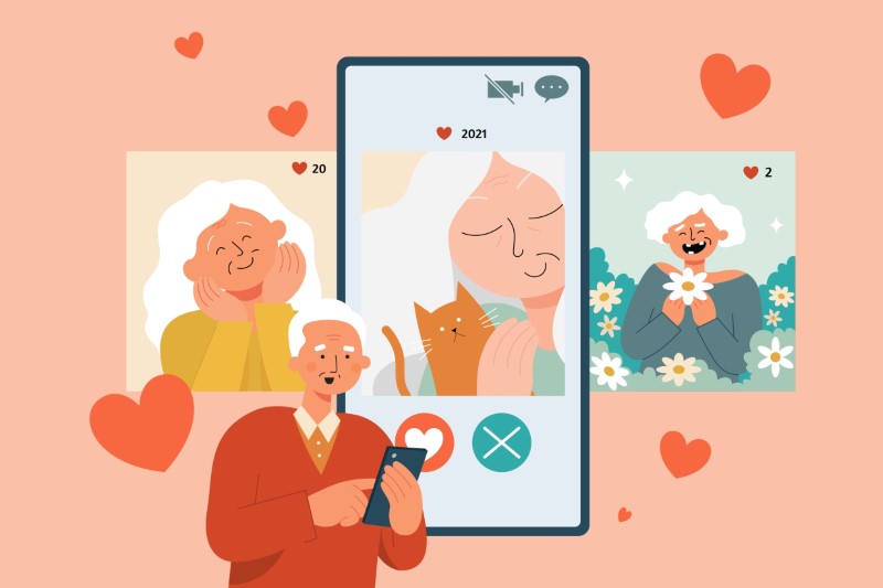 Illustration eines Senioren, der durch Dating-Profile scrollt