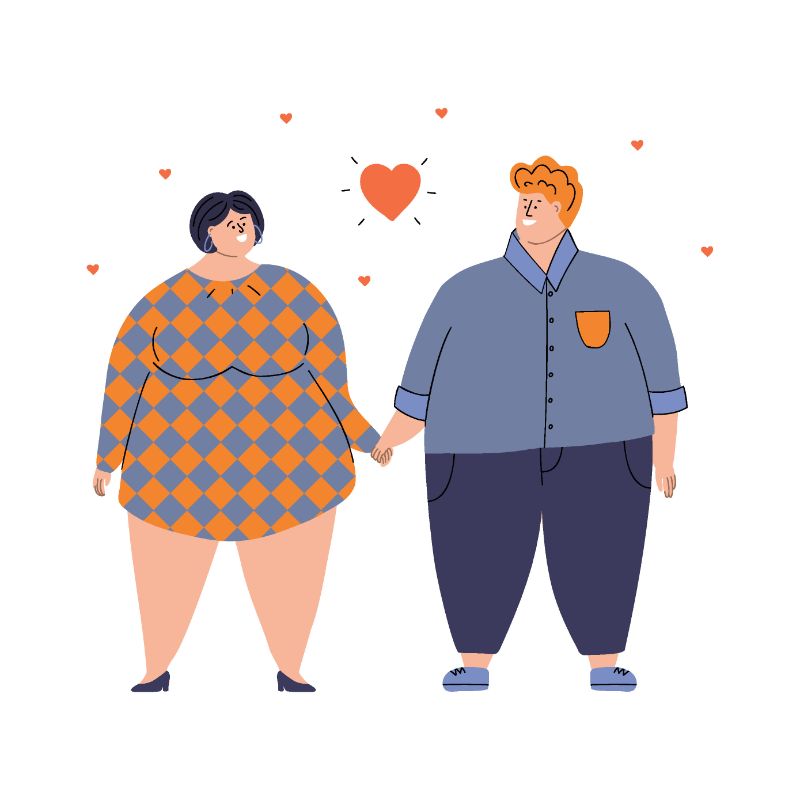 Illustration einer dickeren Frau und eines dickeren Mannes, die sich an den Händen halten und ineinander verliebt sind