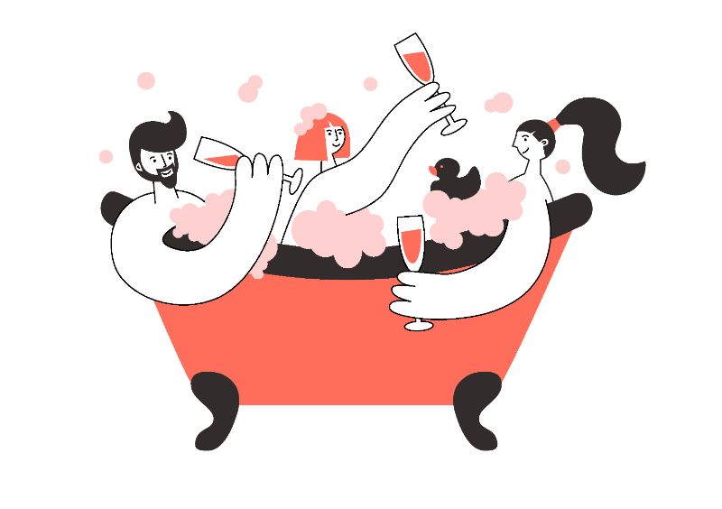 zwei Frauen und ein Mann sitzen zusammen in einer Badewanne