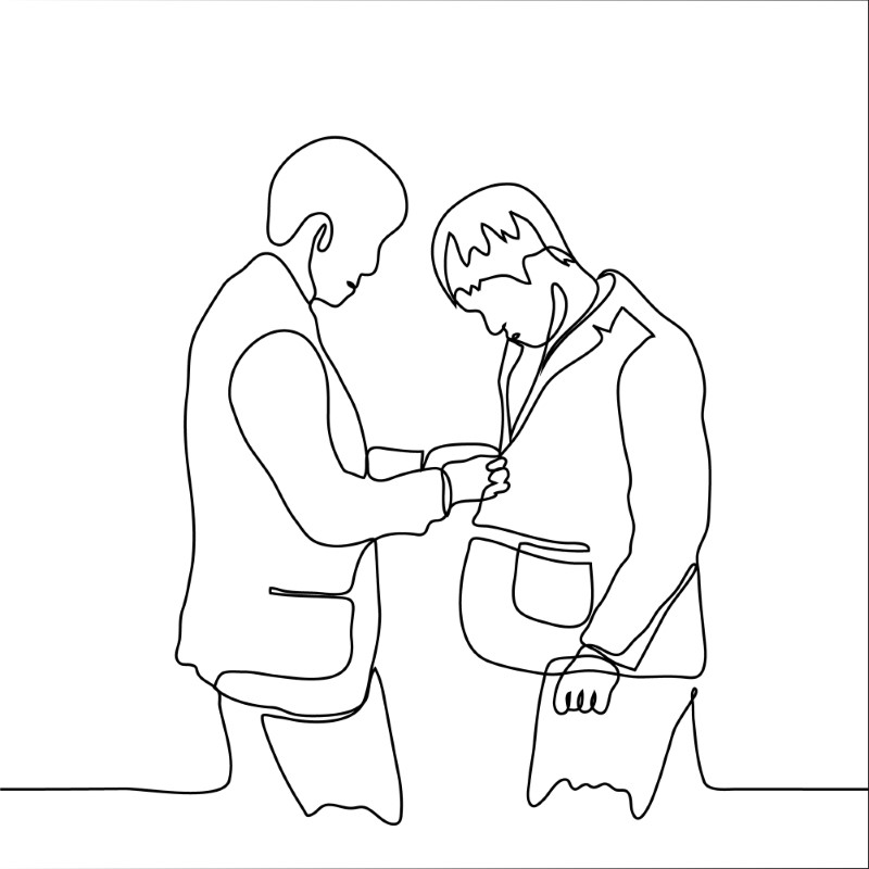 Strichzeichnung einer Person, die die Jacke einer anderen Person zuknöpft
