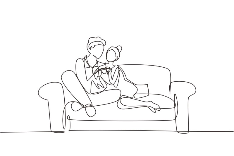Strichzeichnung eines Paares, das auf dem Sofa Zeit miteinander verbringt