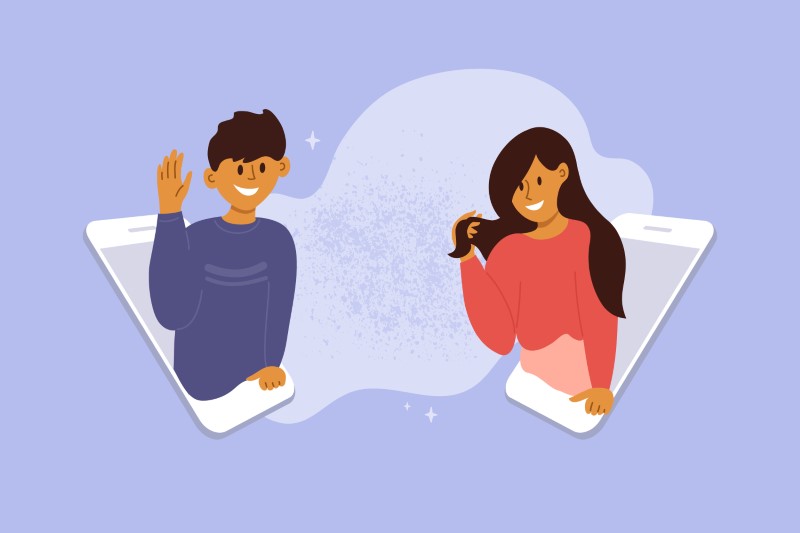 Vektorkunst eines Mannes und einer Frau in Smartphones, die sich gegenseitig anlächeln und Online-Dating Eisbrecher verwenden