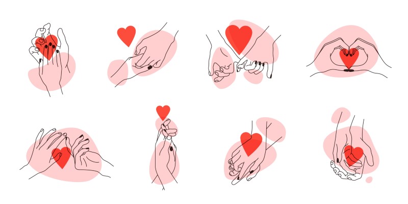 Zusammenstellung von Strichzeichnungen von sich gegenseitig haltenden Händen mit Herzen