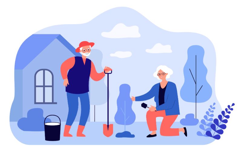 Illustration von älteren Menschen bei der gemeinsamen Gartenarbeit