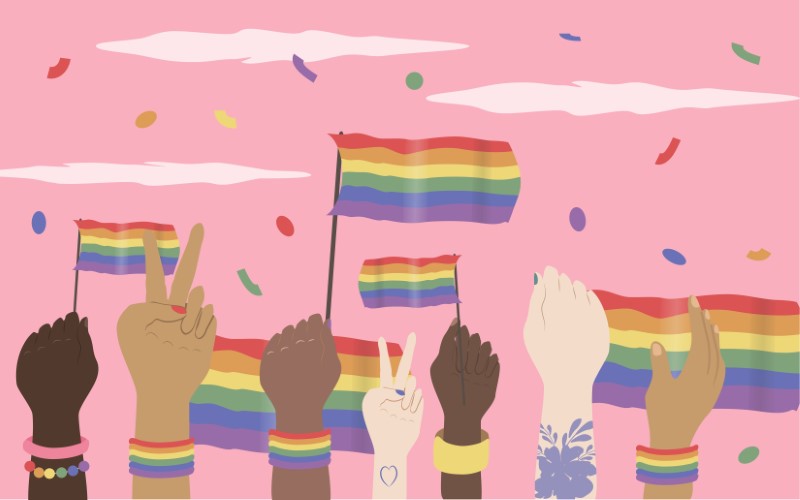 Vektorgrafik von mehreren Händen, die Pride-Fahnen in die Luft halten und Konfetti herum werfen