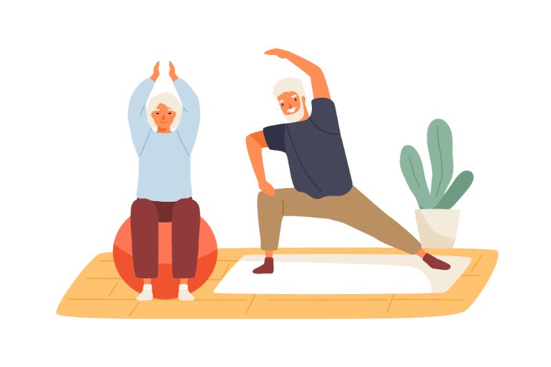 Illustration eines älteren Paares das gemeinsam Yoga macht