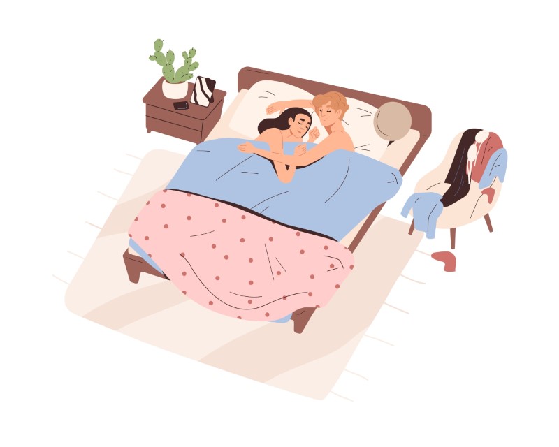 Illustration eines Paares, das nackt im Bett kuschelt