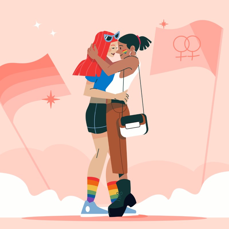 Illustration von zwei lesbischen Frauen in einer lesbischen Beziehung bei der Pride-Parade, die sich küssen wollen